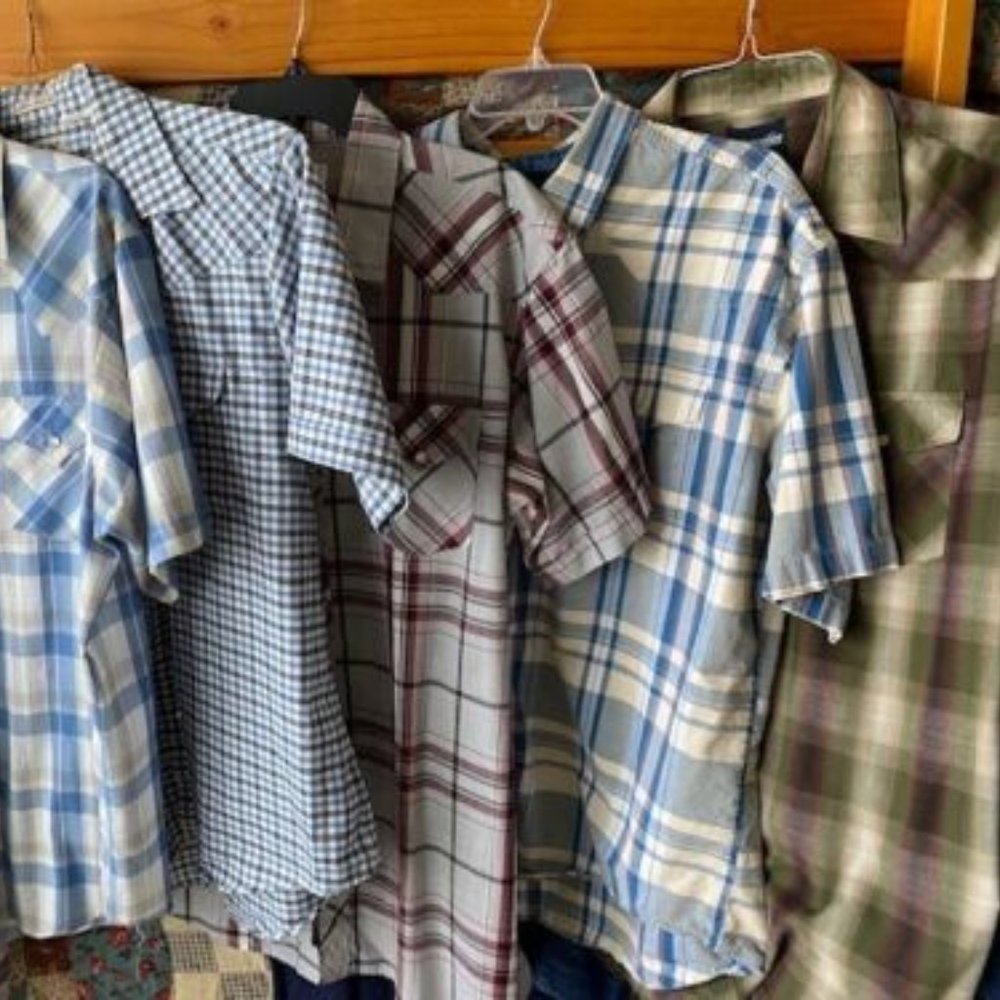 2 WRANGLER short-sleeve PEARL SNAP Plaid WESTERN SHIRTS ~ 17-1/2 neck ~ XL